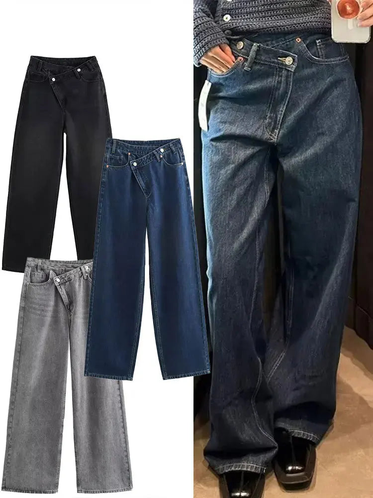 Women's Trousers Denim Solid Asymmetric High Waist Straight Long Pants Lady Versatile Basic 2025 New Woman Wide Leg Jeans